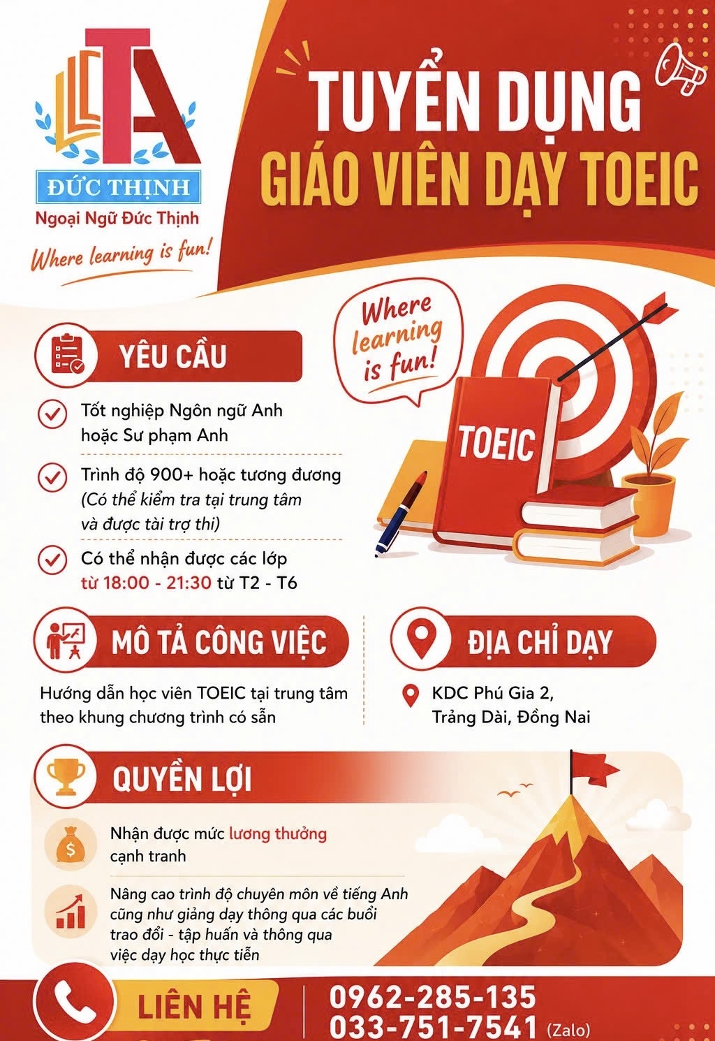 Infographic tuyển dụng giáo viên TOEIC tại Ngoại Ngữ Đức Thịnh — yêu cầu TOEIC 900+, dạy buổi tối tại KDC Phú Gia 2, Trảng Dài, Đồng Nai